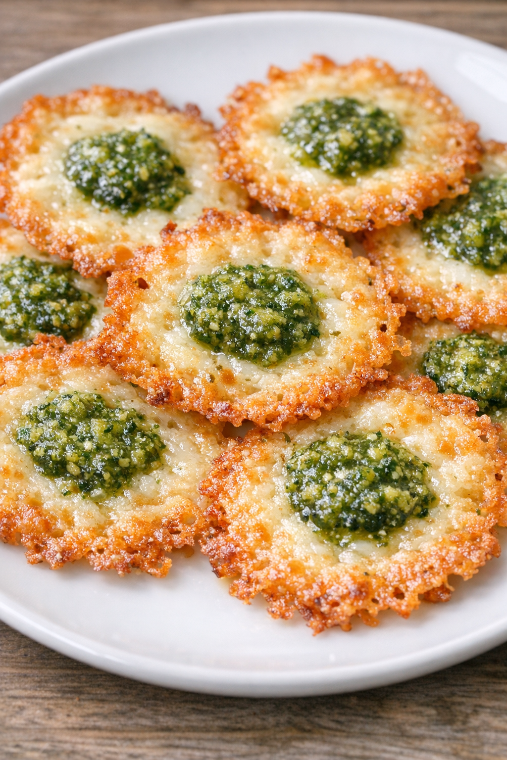 Low carb pesto mozzarella crisps on a white plate