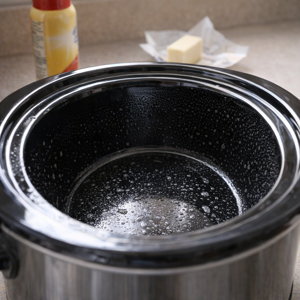 Greased slow cooker ready for berry bake