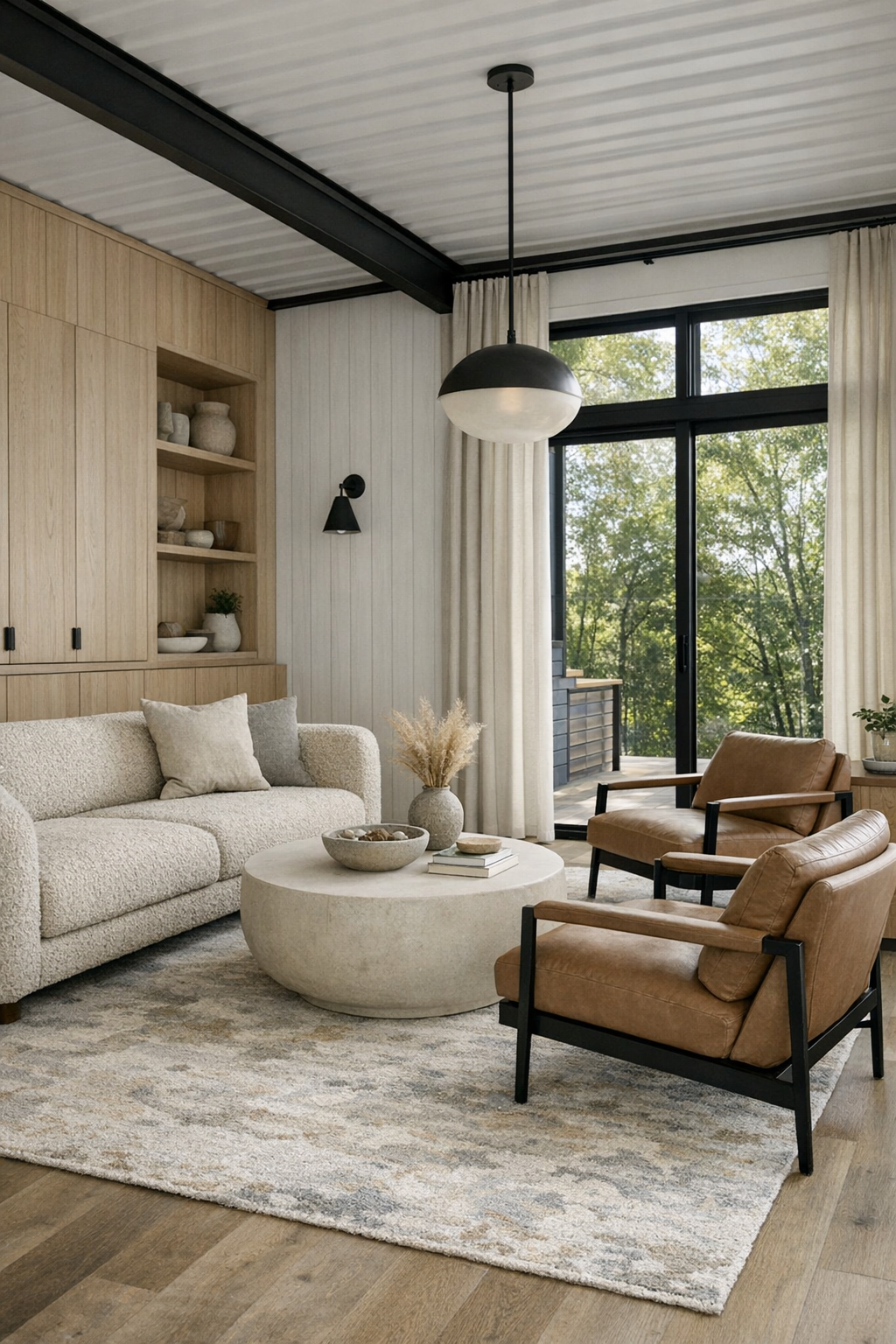Living room with oatmeal boucle seating, white oak millwork, and large black-framed windows