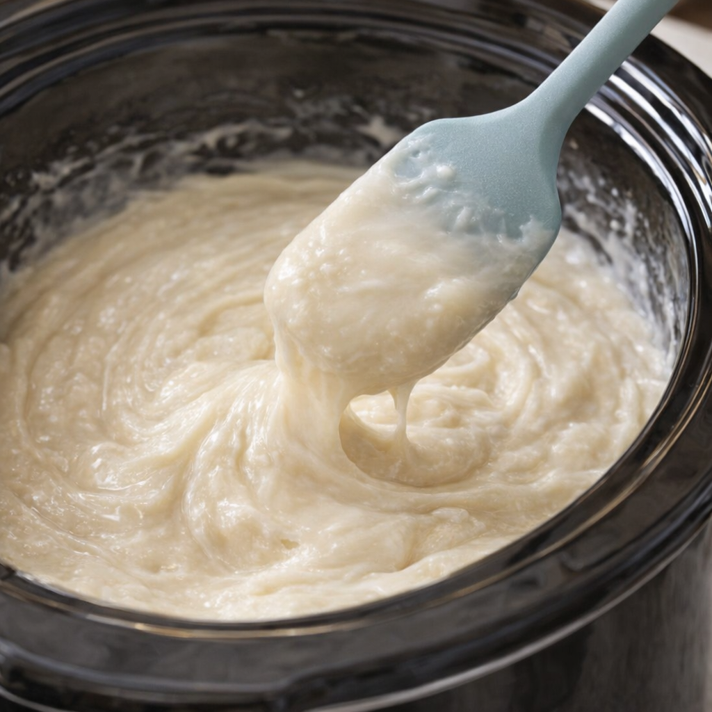 Glossy melted white fudge mixture being stirred in a slow cooker