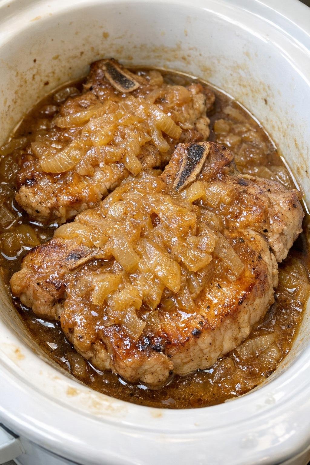 Slow cooker caramelized onion pork chops in a white slow cooker