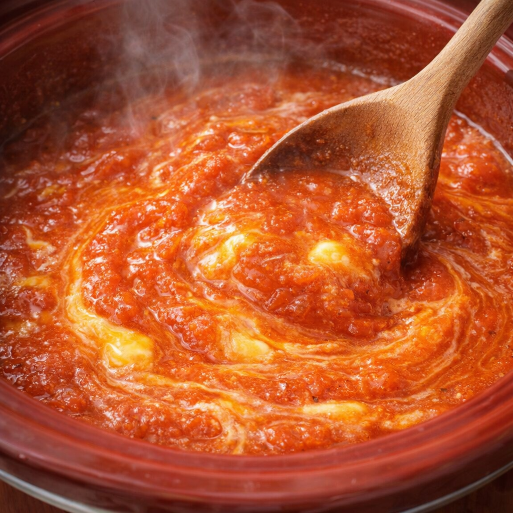 Tomato butter sauce being stirred in the slow cooker