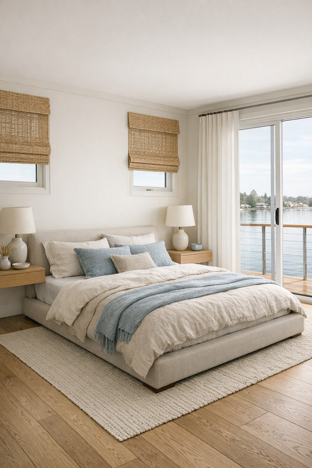 Serene coastal bedroom with upholstered bed and soft layered neutrals