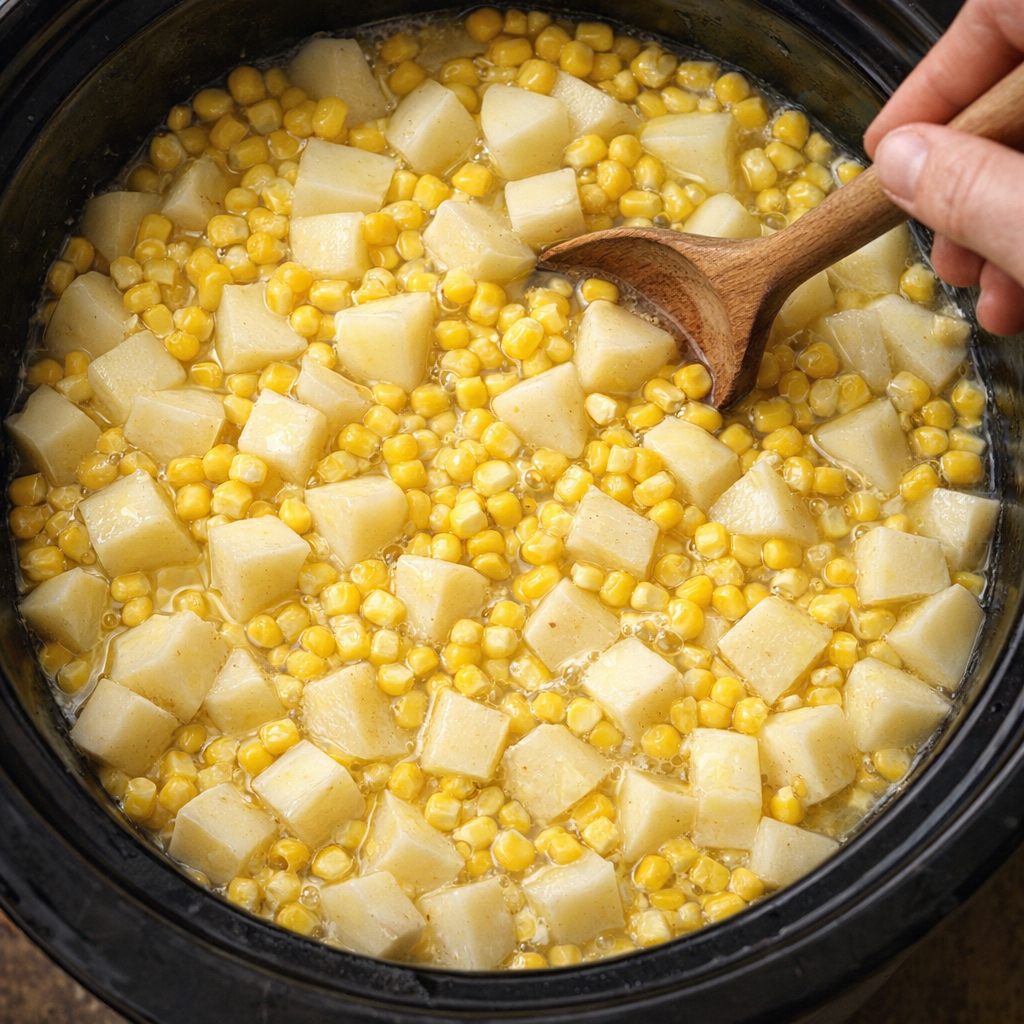Corn and diced potatoes layered in a slow cooker crock