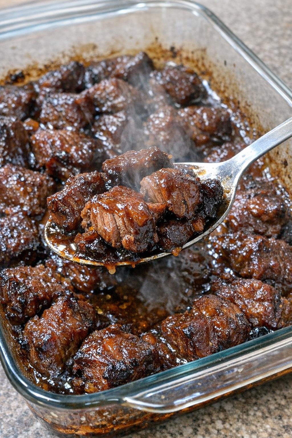 Savory glazed beef bites in a glass baking dish