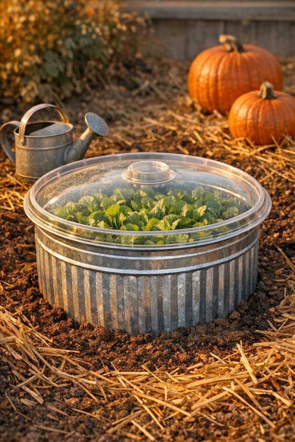 Finished cold frame anchor made from a galvanized trash can protecting a fall garden bed