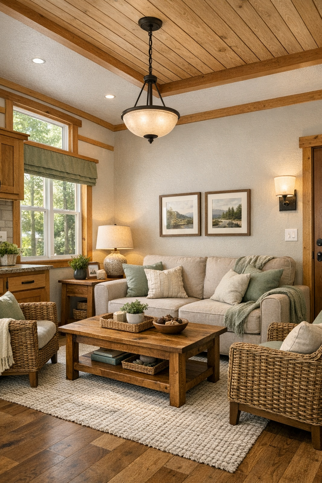 Cozy craftsman-style living room with natural wood trim and soft sage accents