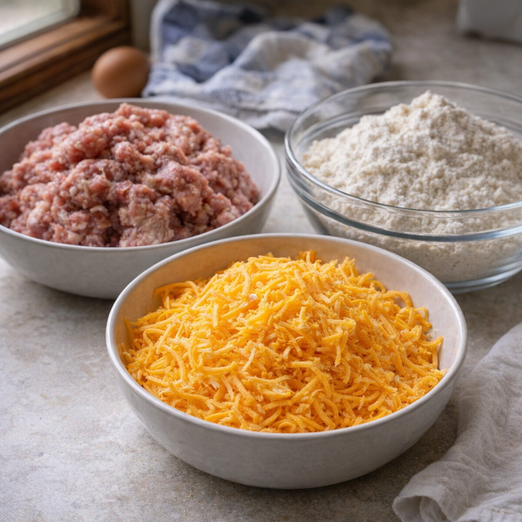 Measured sausage, cheddar, and baking mix in prep bowls