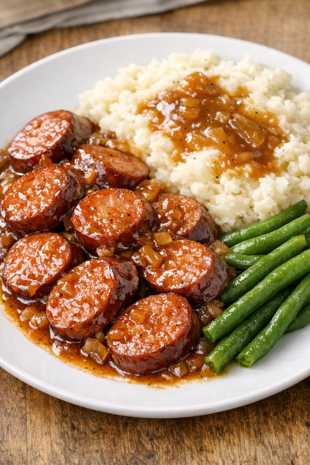 Finished smoked sausage with sauce on a serving plate