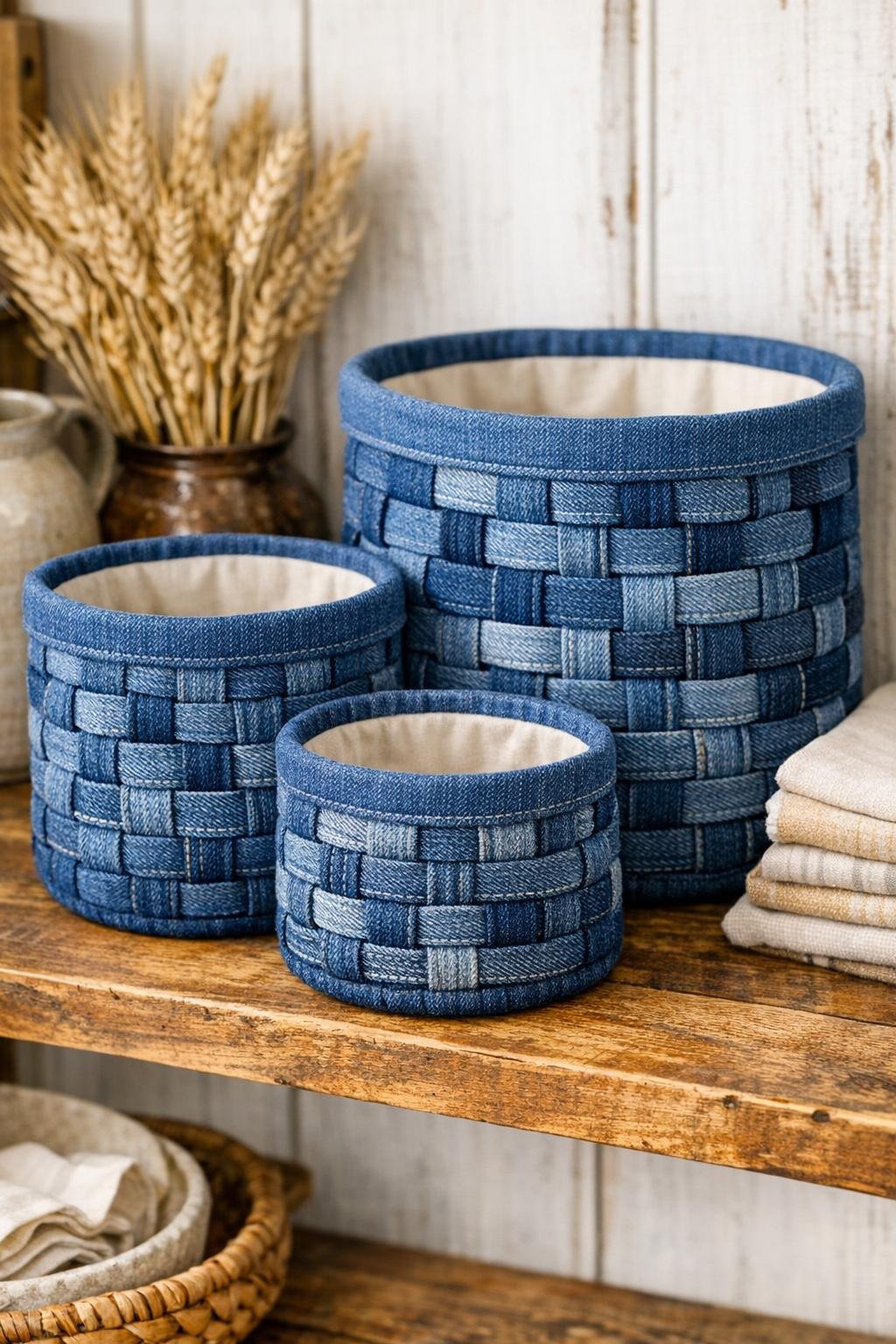 Finished set of three woven denim decorative storage baskets in graduated sizes