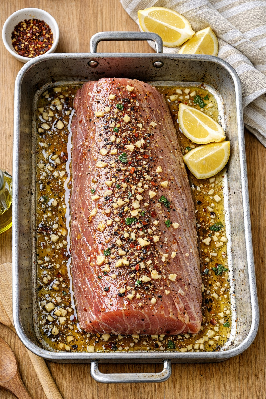 Finished oven-baked tuna loin on a serving platter