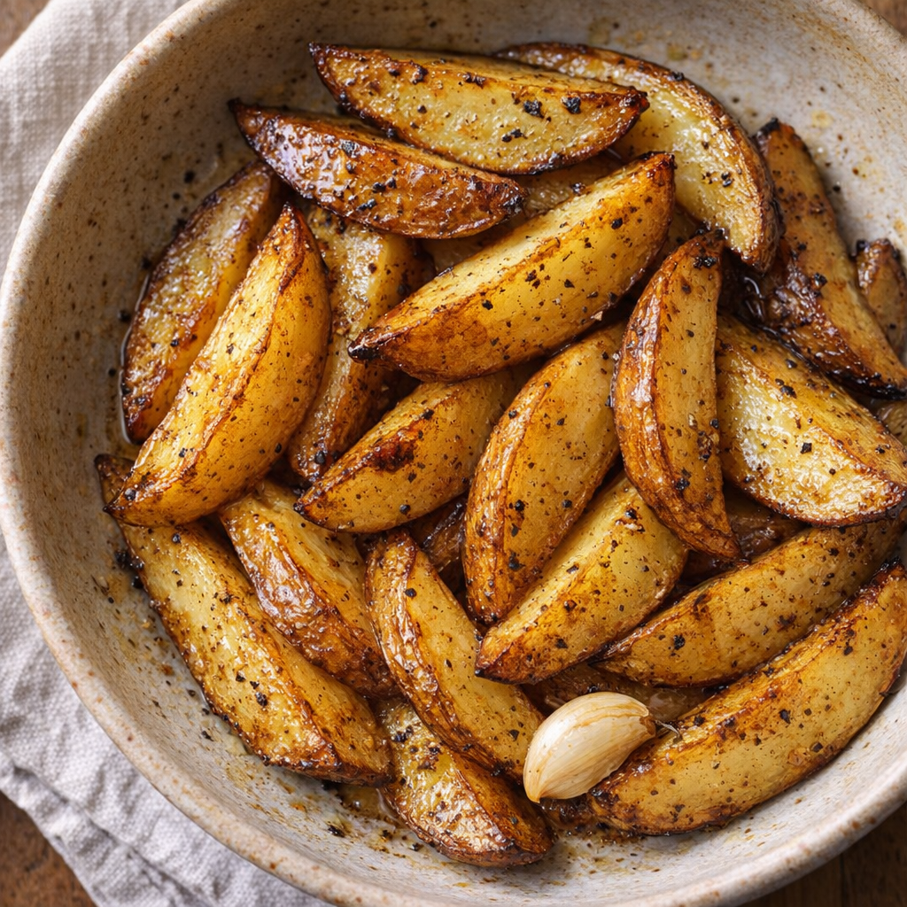Potato wedges with crisp edges in a rustic serving dish