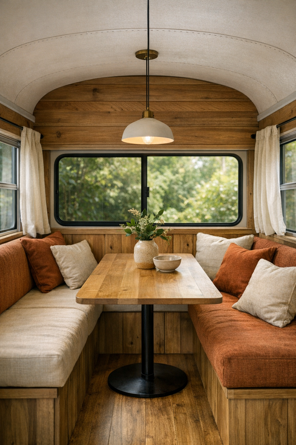 Cozy bus dining nook with built-in banquette and wood table