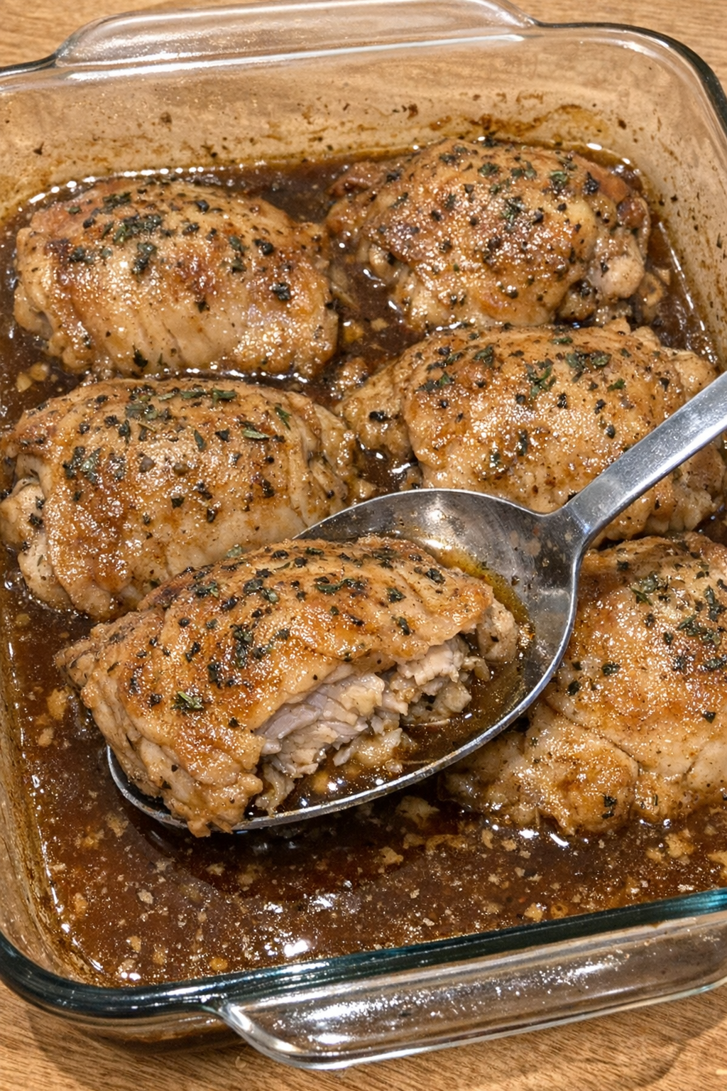 Herb-flecked baked chicken thighs in brown sauce