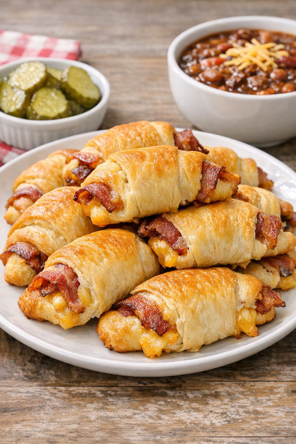 Finished bacon Montgomery rolls plated with simple sides