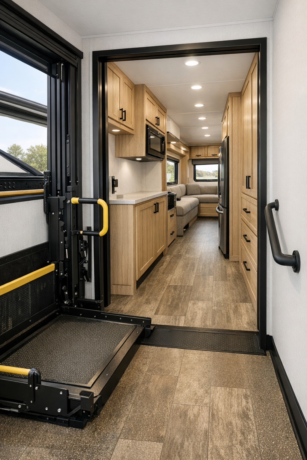 Accessible RV entry and hallway with hydraulic lift access, built-in storage, and clear circulation