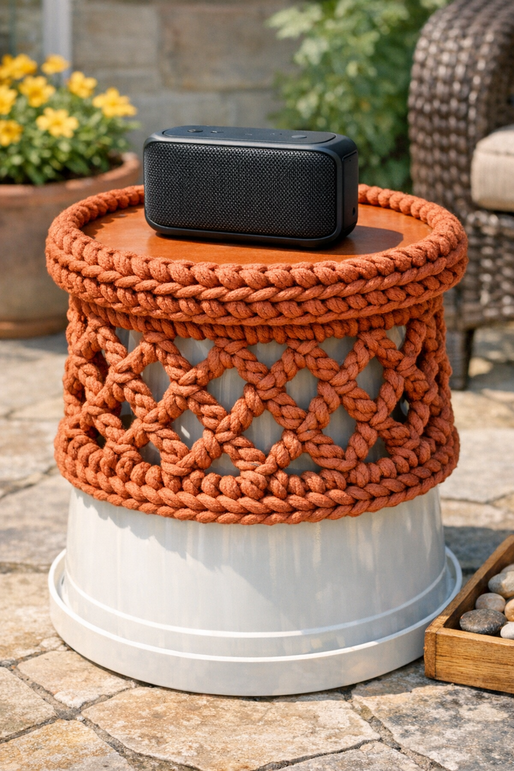 Finished crocheted outdoor speaker stand made from a bucket and plant saucer