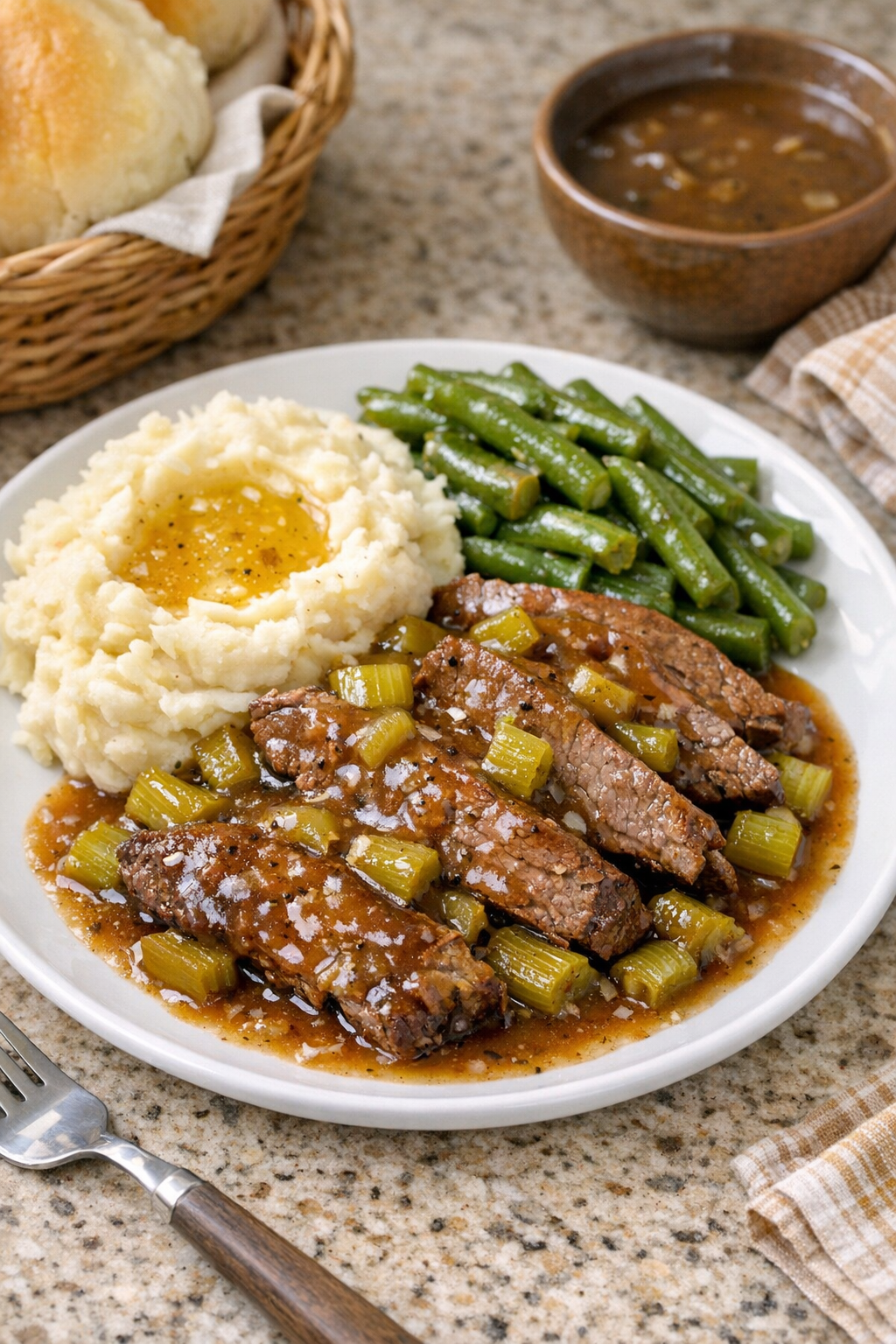 Finished Amish celery beef plated with gravy