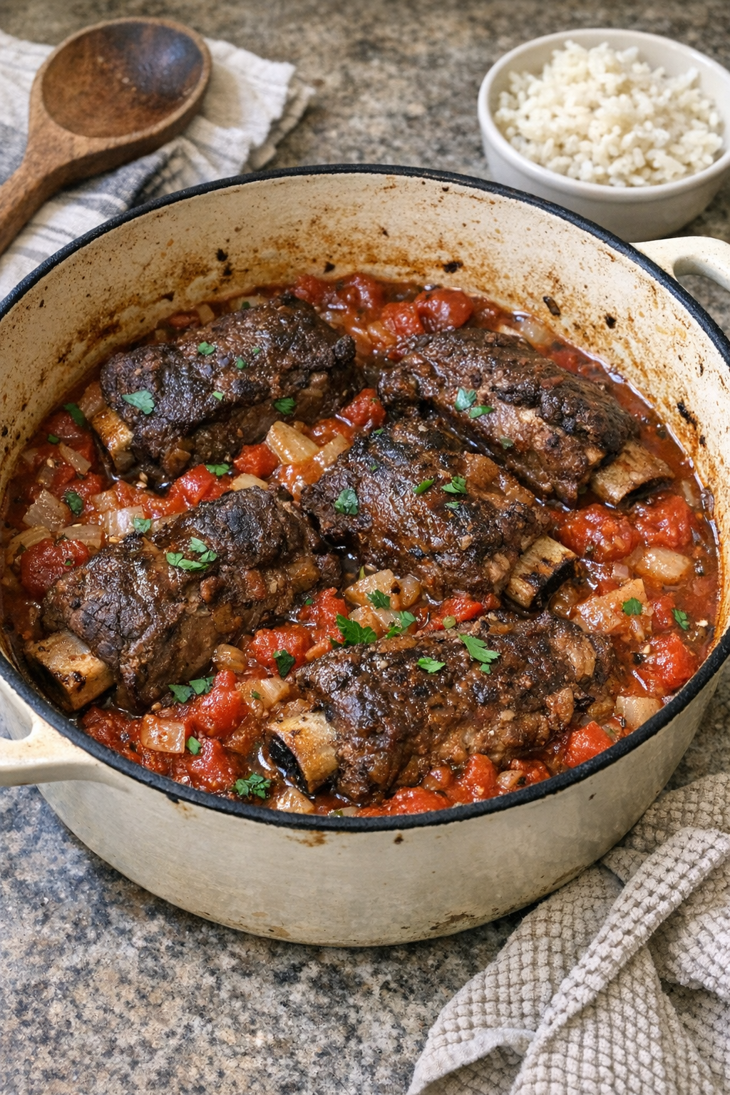 Finished Amish-style beef and tomato short rib casserole in a Dutch oven