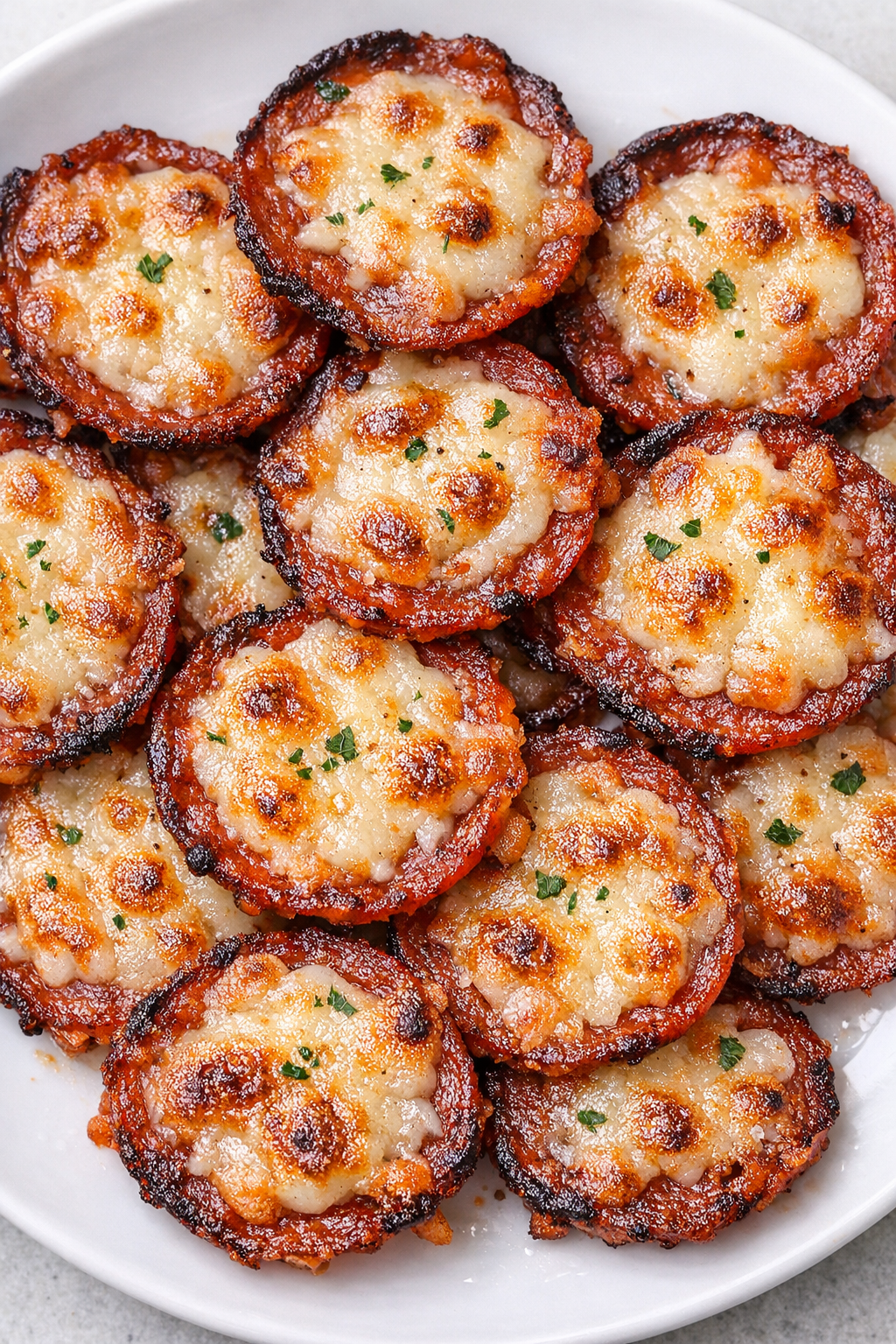 Low carb 3-ingredient pepperoni bites on a white plate