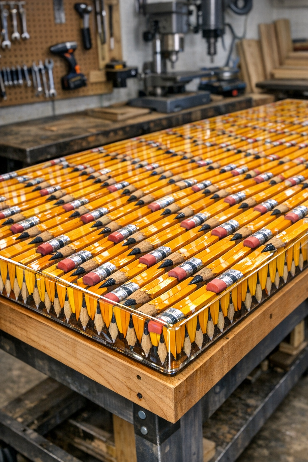 Finished heavy-duty workbench top made from soaked split yellow pencils and clear epoxy