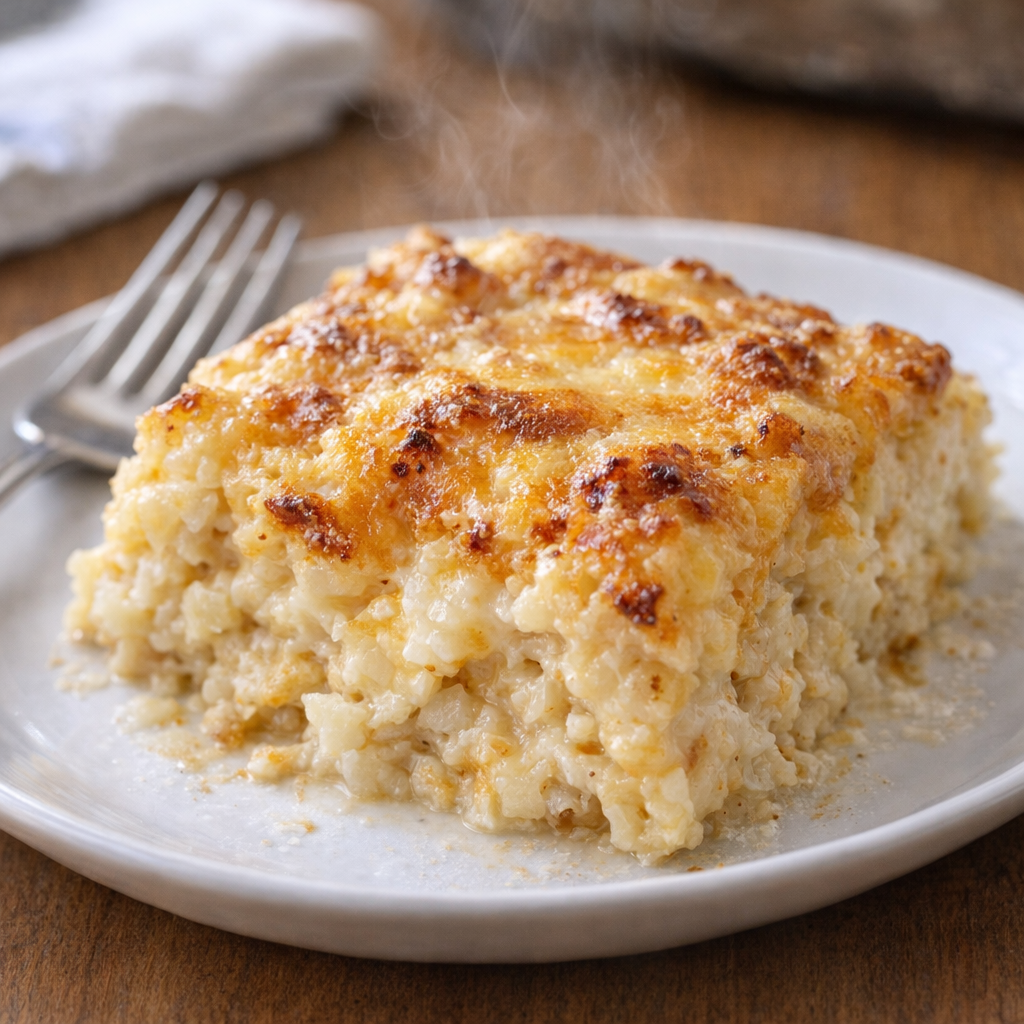 Square of cheesy hashbrown casserole served on a plate