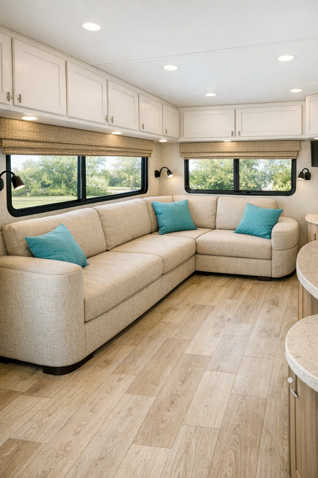 Accessible RV living room with oatmeal sofa, pale wood flooring, and turquoise accents