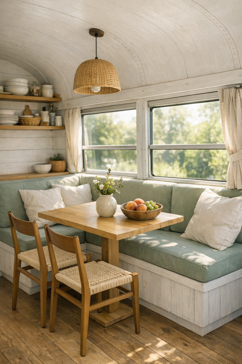 Cozy bus dining nook with banquette seating and a light wood table