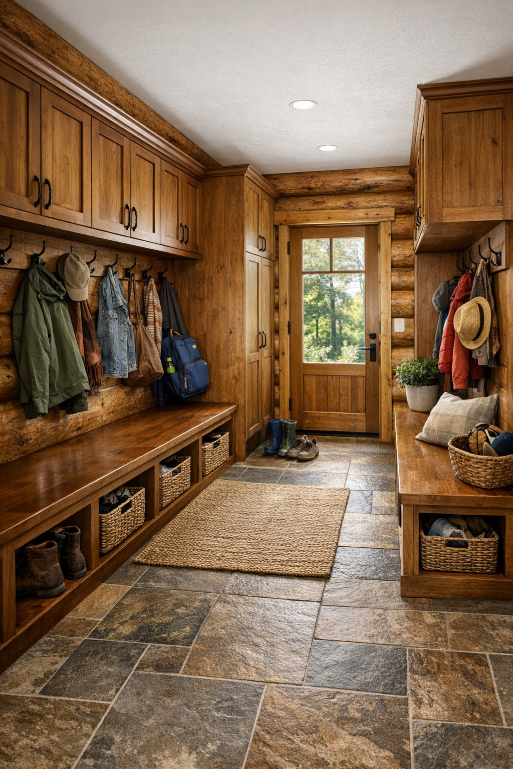 Functional handcrafted mudroom and hallway with built-ins, warm wood, and organized family storage