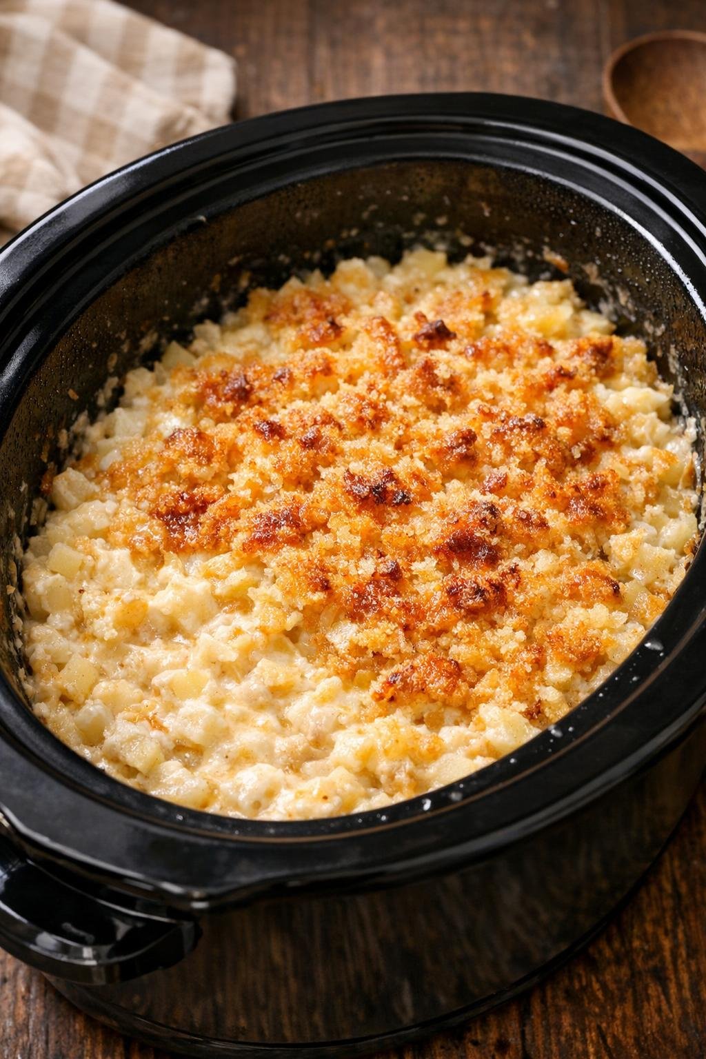 Creamy hash brown casserole cooking in slow cooker