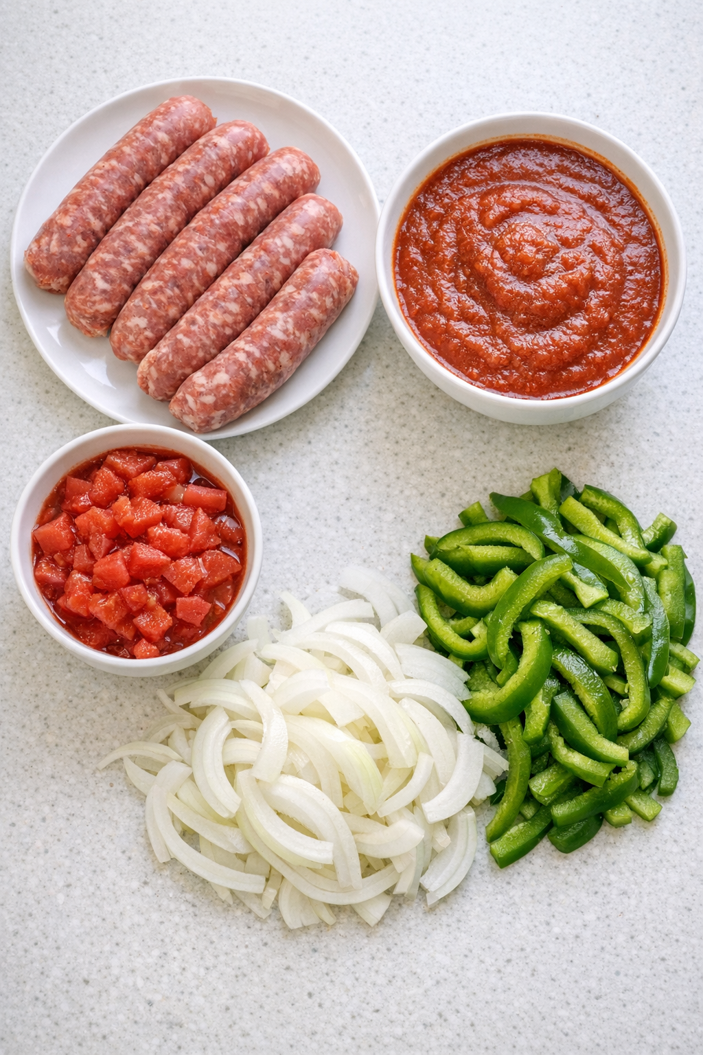 Italian sausage, pasta sauce, diced tomatoes, onion, and green pepper