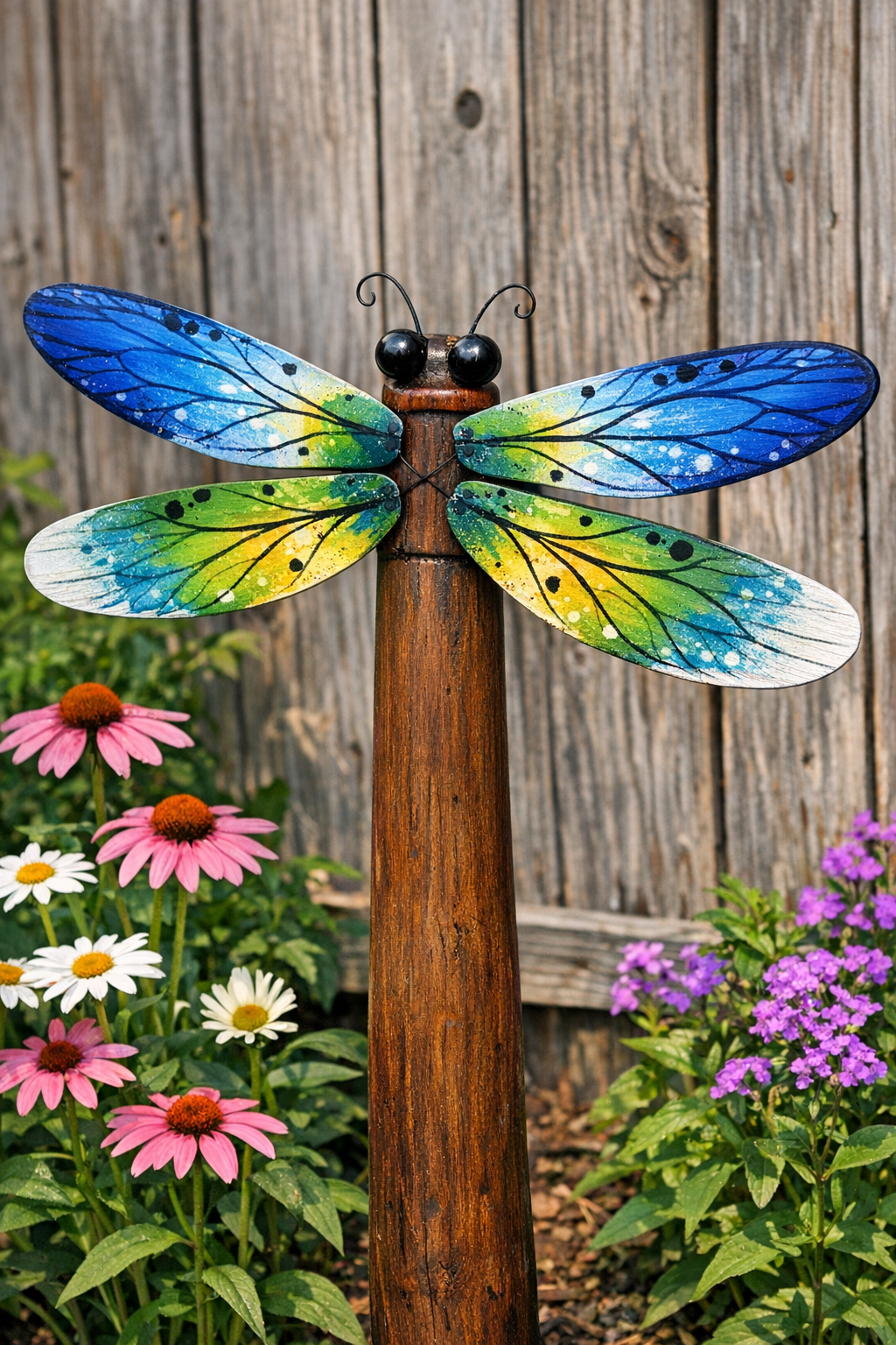 Finished giant backyard dragonfly made from fan blades and a table leg