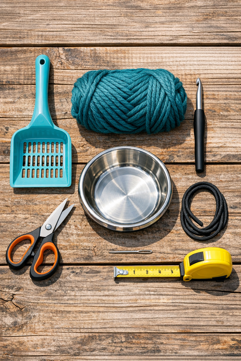 Materials for a crocheted outdoor pet water station laid out on a table