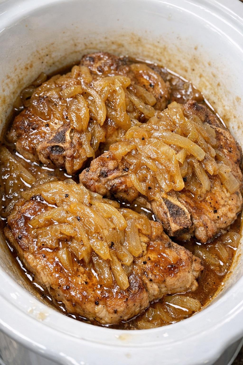 Slow cooker caramelized onion pork chops in a white slow cooker