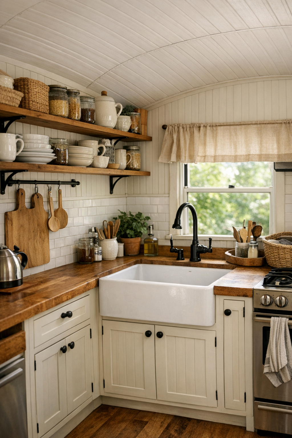 Compact galley kitchen in a converted bus with butcher block counters and cream cabinetry
