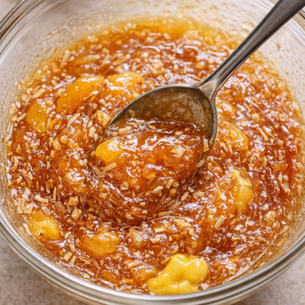Apricot glaze being stirred in a mixing bowl