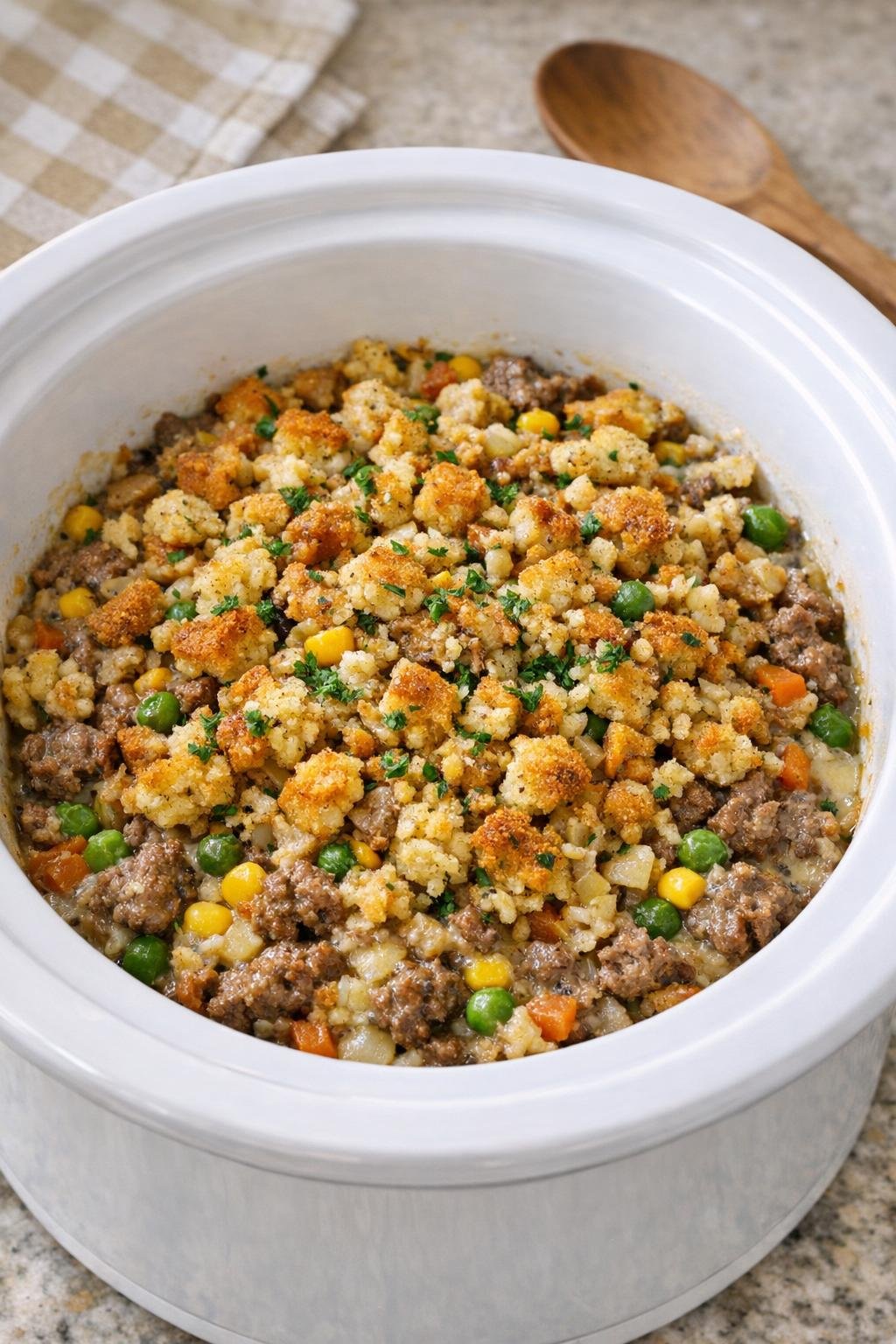 Finished ground beef and stuffing bake in a white slow cooker