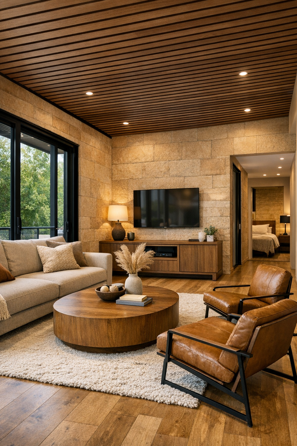 Warm accessible living room with sandstone tones, wide walkways, and soft modern furniture