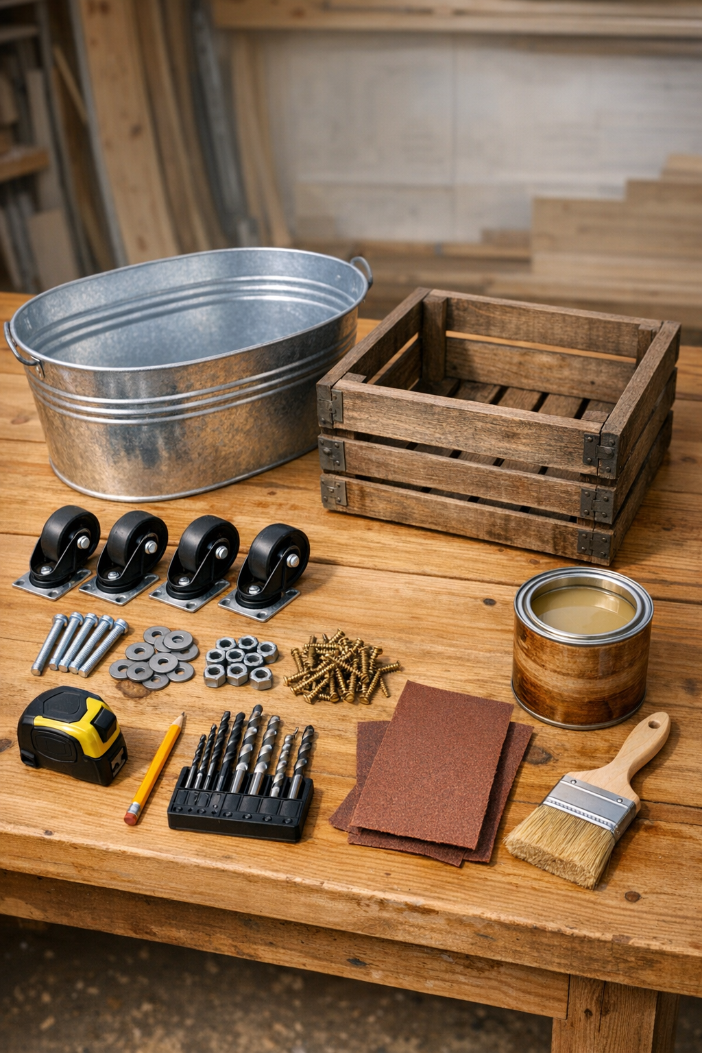 Materials for building a wooden cooler cart laid out on a workbench