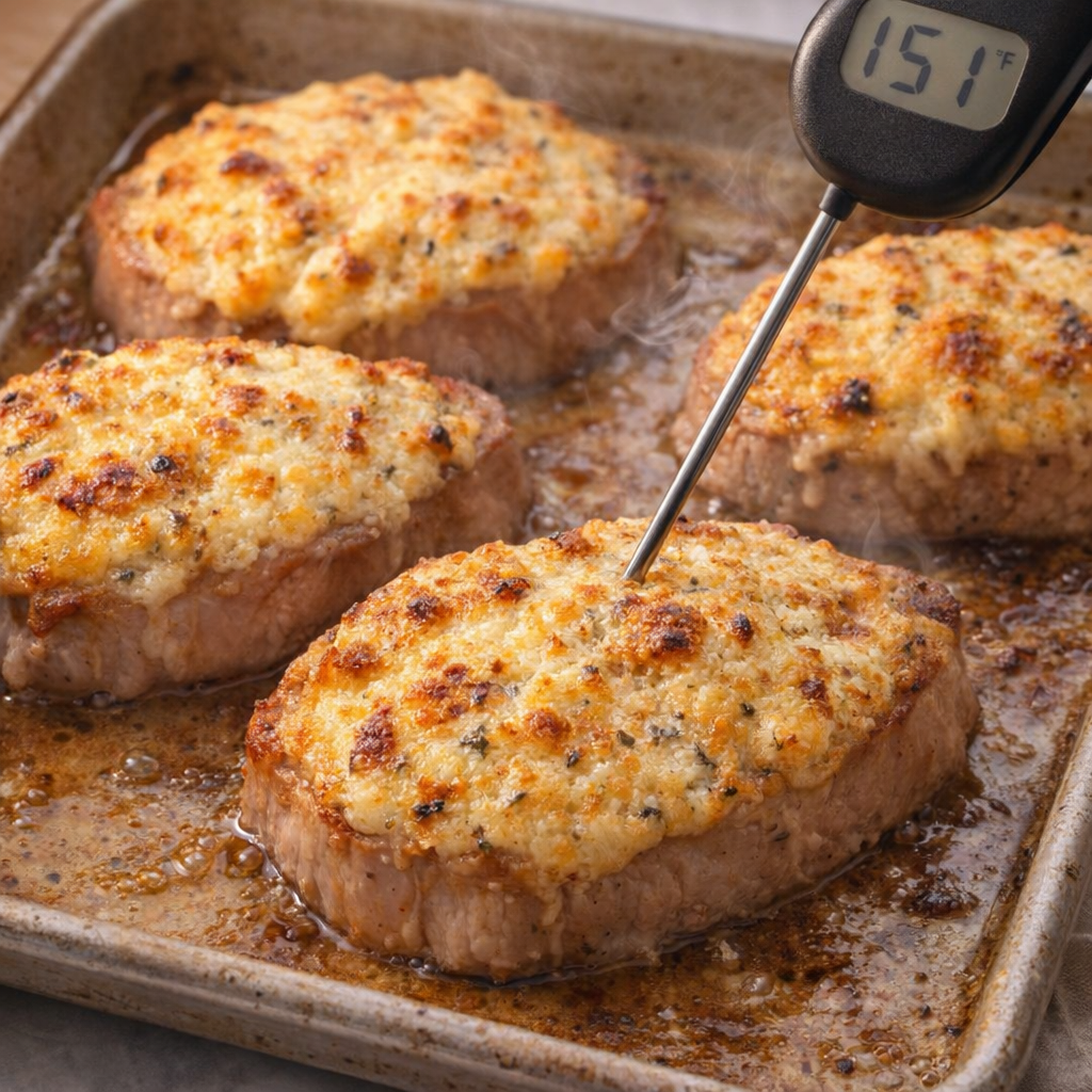 Baked pork chops with golden ranch Parmesan crust on sheet pan