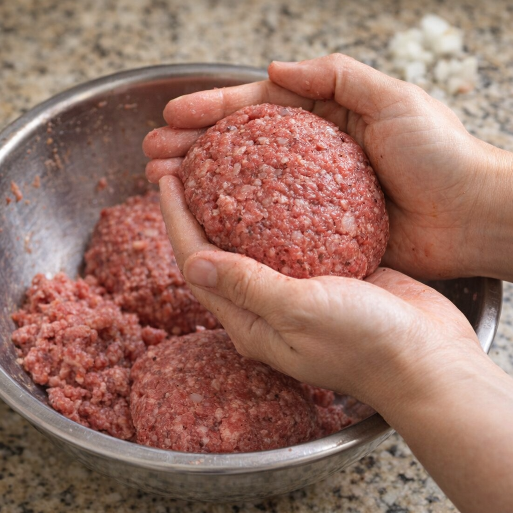 Hands shaping raw beef patties in a mixing bowl