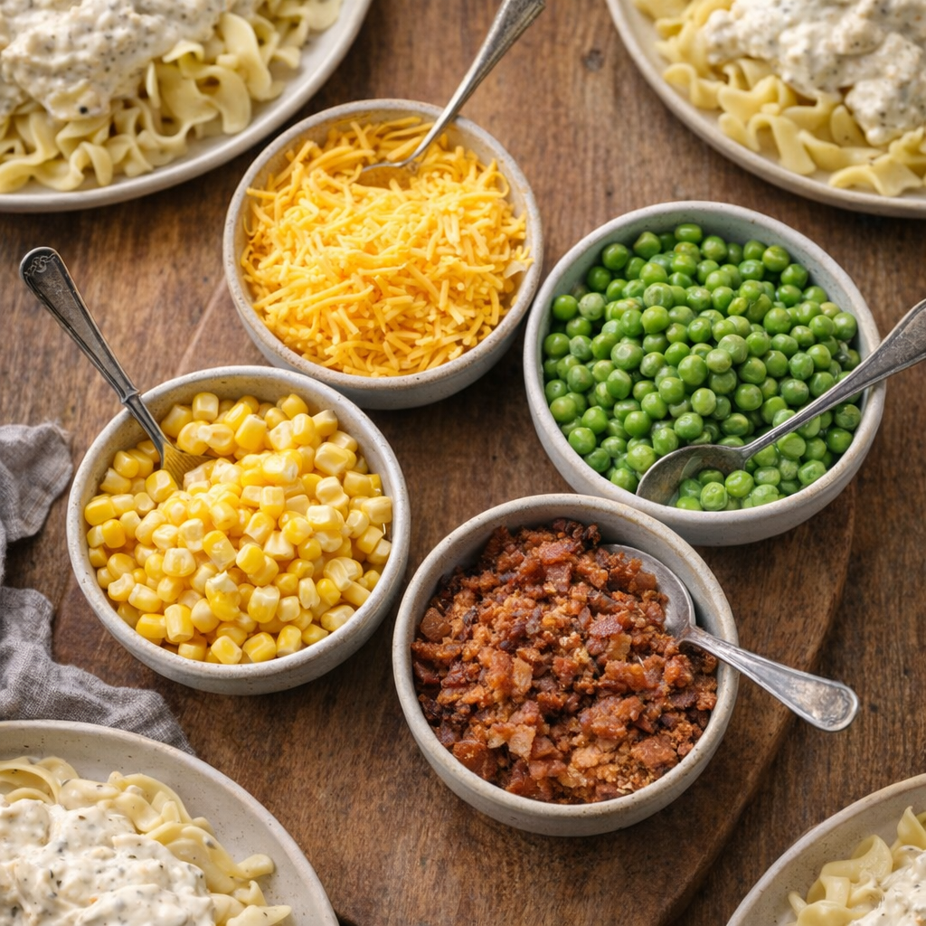 Family-style toppings for creamy chicken dinner