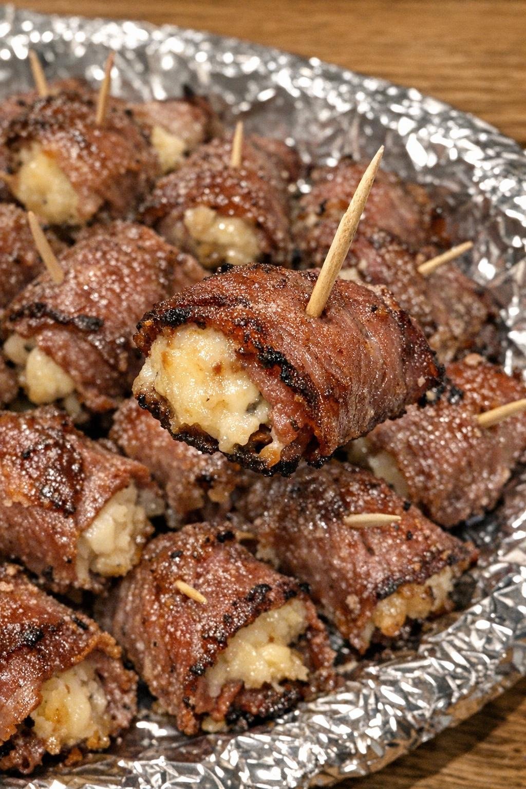 Close-up of pastrami sutton bites on a foil-lined platter