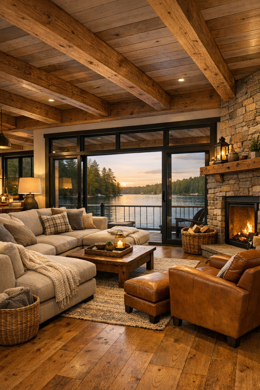 Warm Adirondack lodge style living room on a houseboat with stone fireplace and large water-facing windows