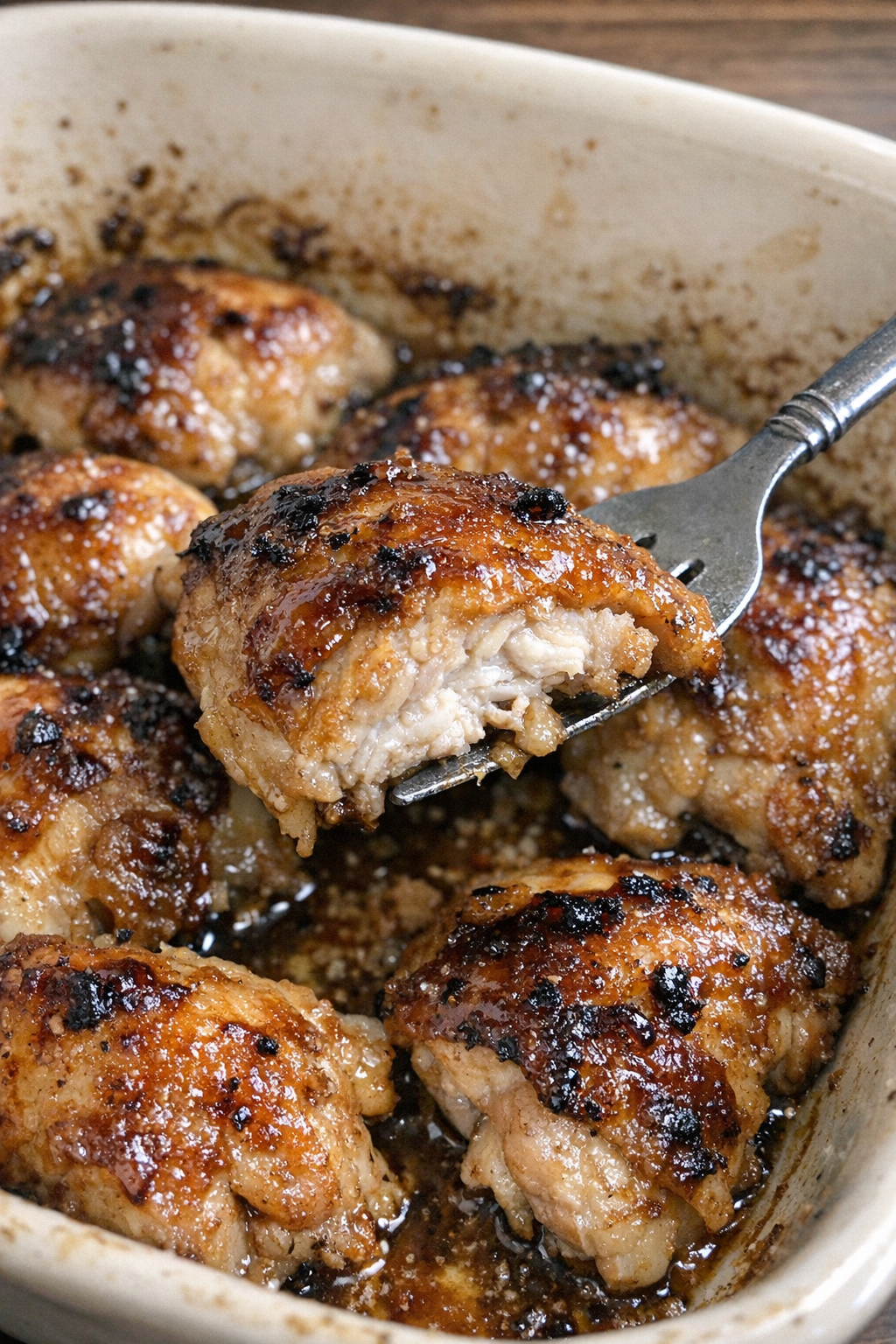 Baked chicken in casserole dish with caramelized glaze