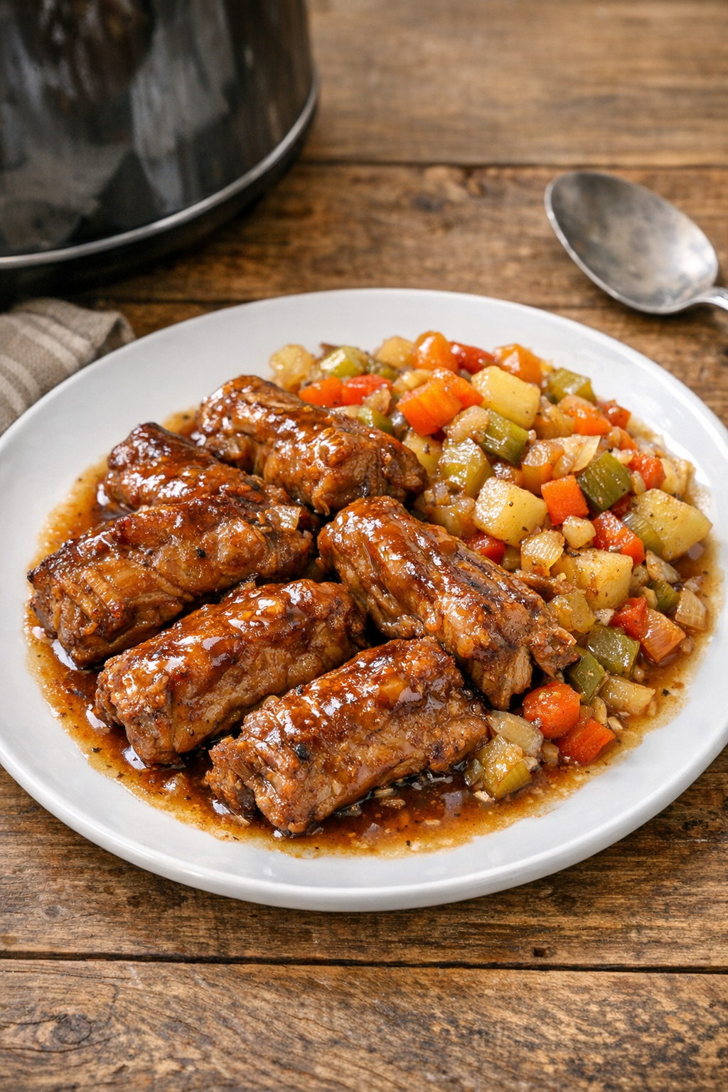 Finished slow cooker pork riblets plated with sauce