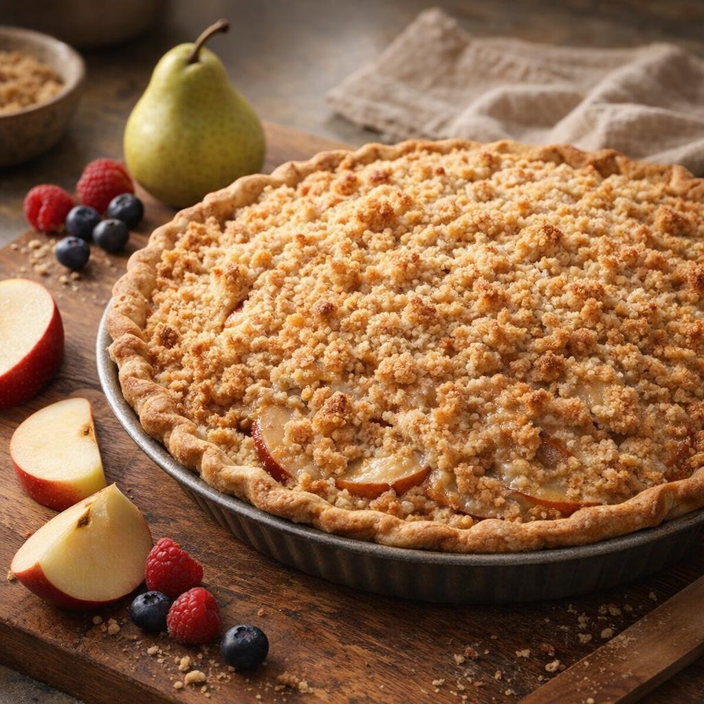 Apple pie with streusel topping idea and extra fruit nearby