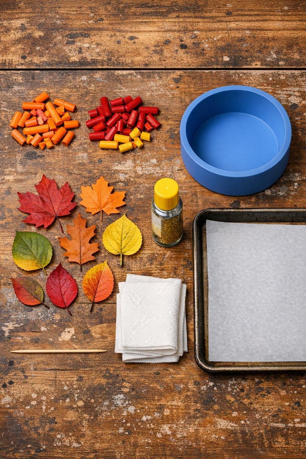 Materials laid out for melted crayon leaf bowls