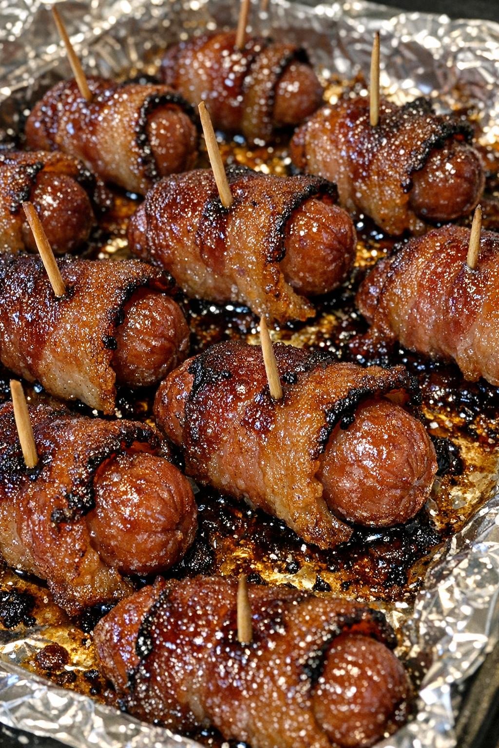 Bacon-wrapped little smokies on a foil-lined tray