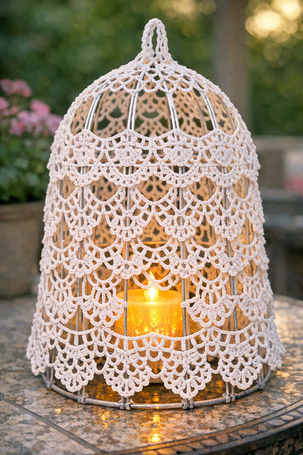 Finished crocheted outdoor lantern cage made from an upside-down tomato cage